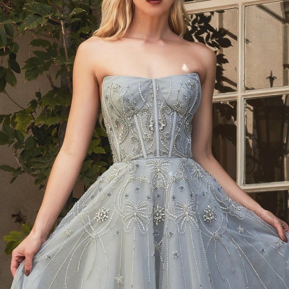 AL1095 MIST COLOR PROM PARTY EVENING STRAPLESS BEADED A-LINE ARI RIBBON GOWN - Picture 1 of 8